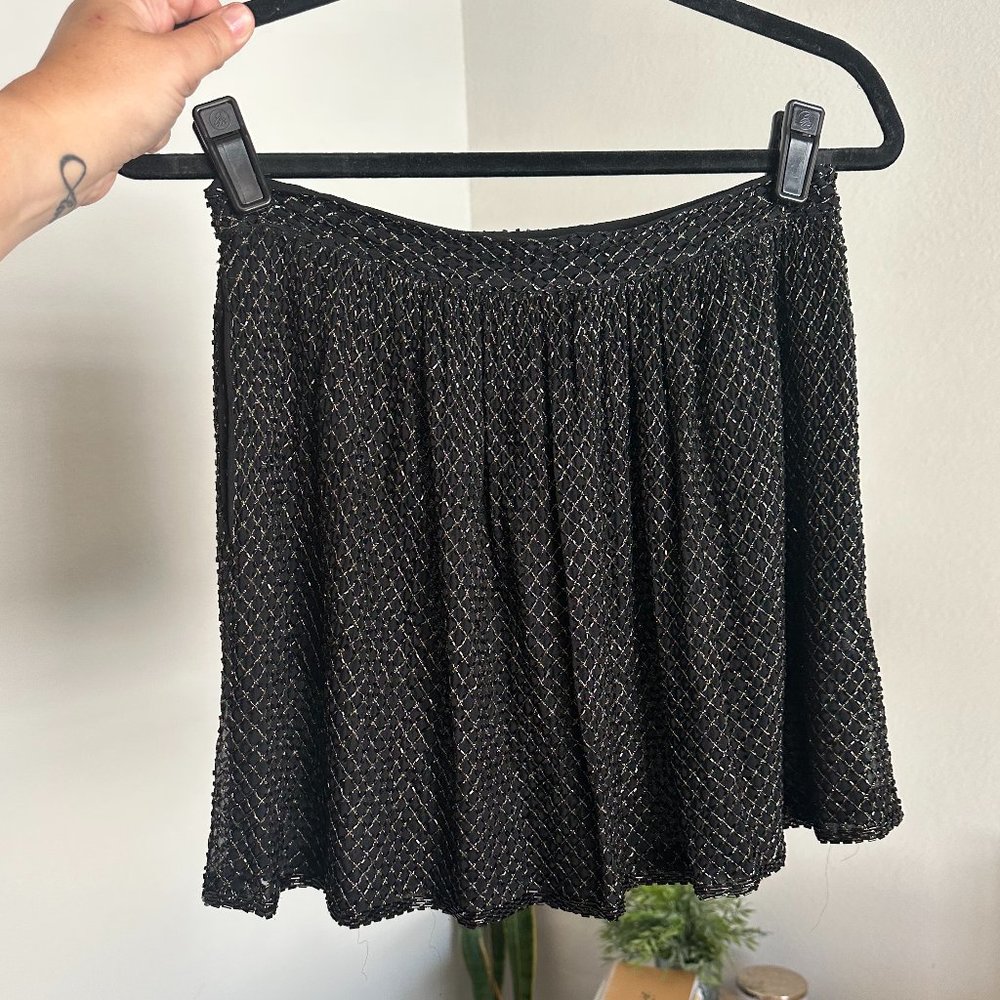 Gryphon Black and Gold Beaded Silk Mini Skirt with Pockets